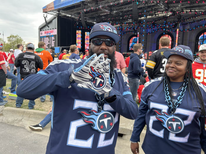 Nashville truck driver Joey Dunbar and his wife Cassara made it to the 2023 NFL Draft. He was working here, so he could mix work with supporting his favorite football team. (AllTitans.com photo by Tom Brew)